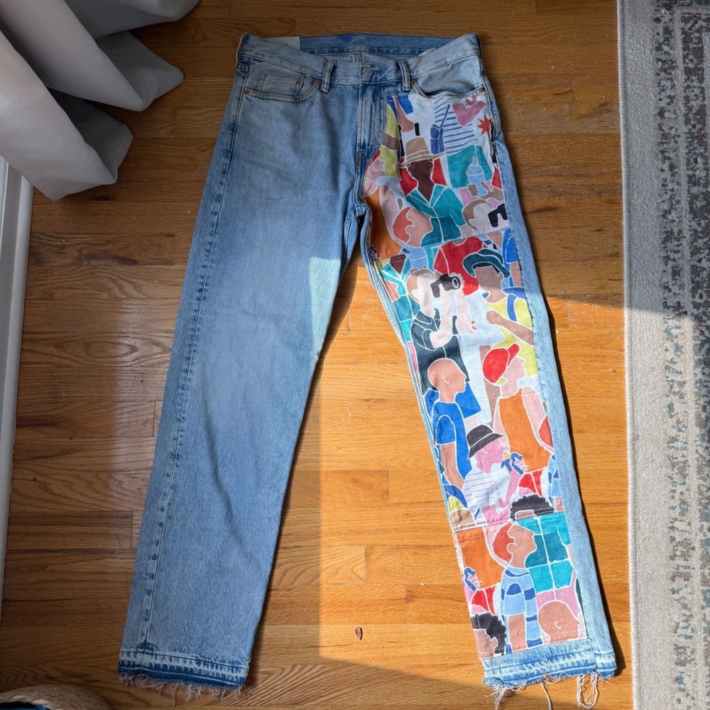 HM Men 31x32 Relaxed Fit Graphic Jeans Light Wash Art Print Streetwear